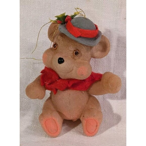 2 Flocked Bears Christmas Ornaments Kitschy Fuzzy Anthropomorphic Teddy Set Vtg - Picture 3 of 12